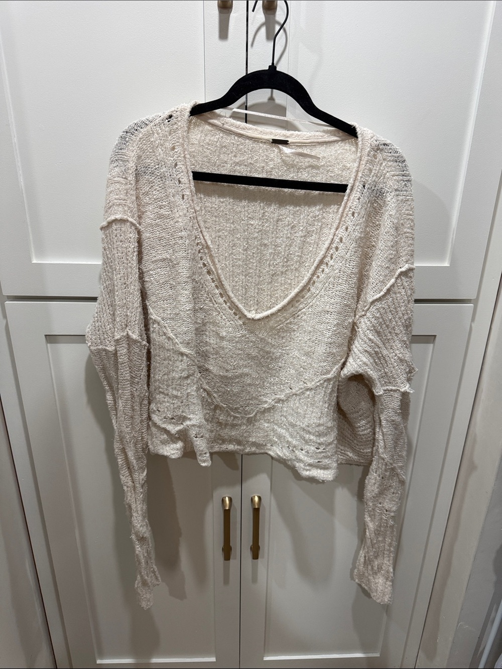 Free People Beach Light Cream V-Neck Knit Sweater Top